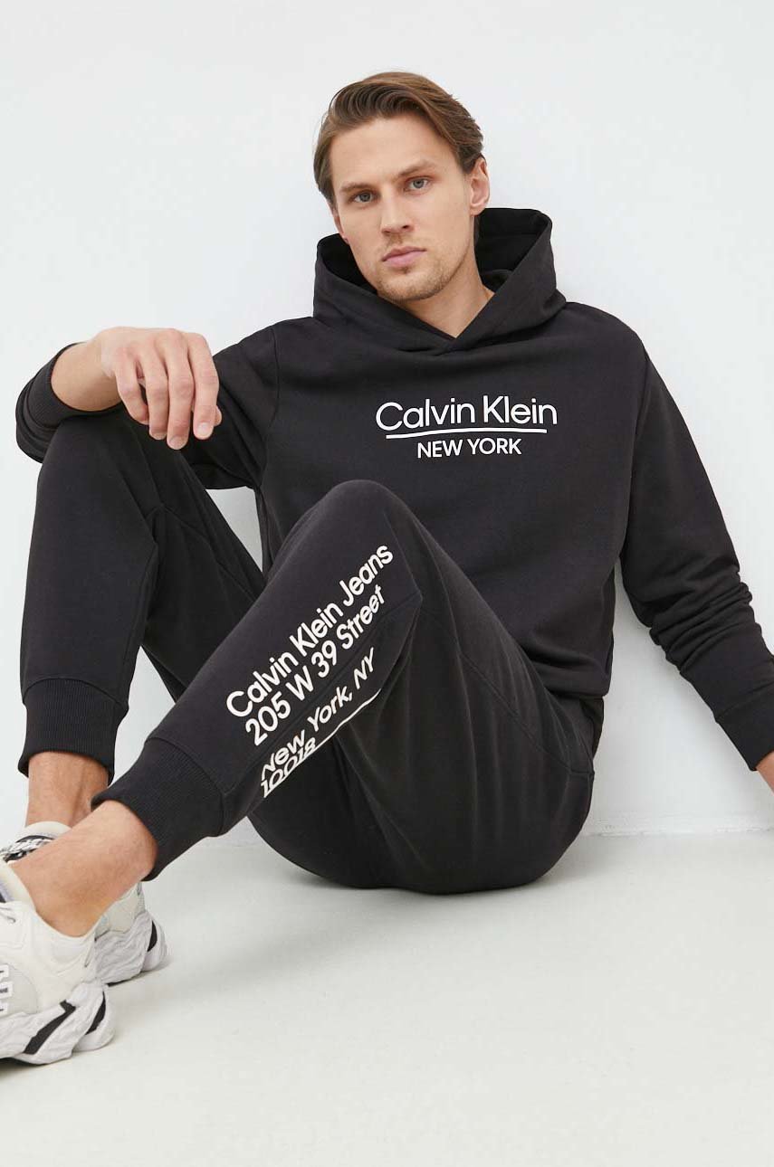 Хлопковая кофта Calvin Klein мужская цвет чёрный с капюшоном узор ...