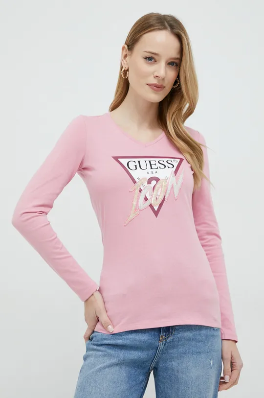 ροζ Βαμβακερή μπλούζα με μακριά μανίκια Guess Γυναικεία