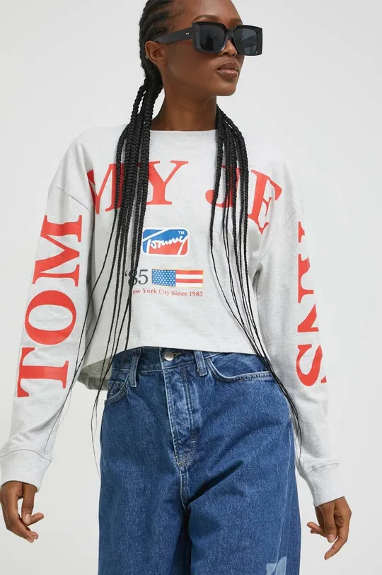 γκρί Βαμβακερή μπλούζα με μακριά μανίκια Tommy Jeans Γυναικεία