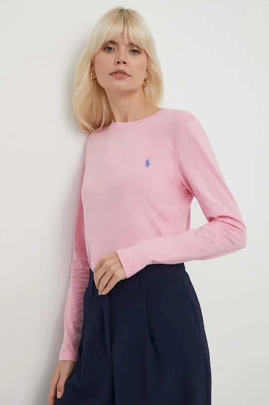 ružová Bavlnené tričko s dlhým rukávom Polo Ralph Lauren Dámsky