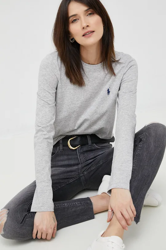 γκρί Βαμβακερή μπλούζα με μακριά μανίκια Polo Ralph Lauren Γυναικεία