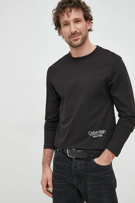 čierna Bavlnené tričko s dlhým rukávom Calvin Klein Pánsky
