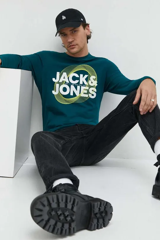 τιρκουάζ Βαμβακερή μπλούζα με μακριά μανίκια Jack & Jones JCOLUCA TEE LS CREW NECK FST Ανδρικά