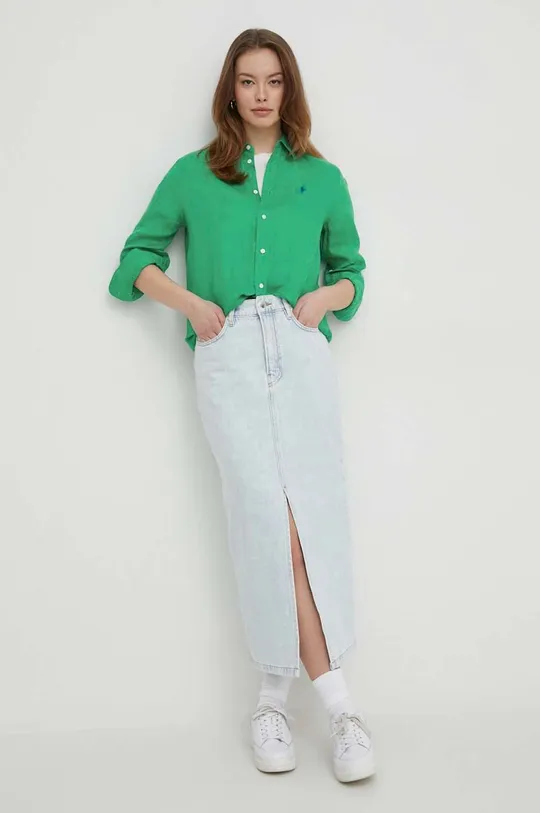 Lanena srajca Polo Ralph Lauren zelena