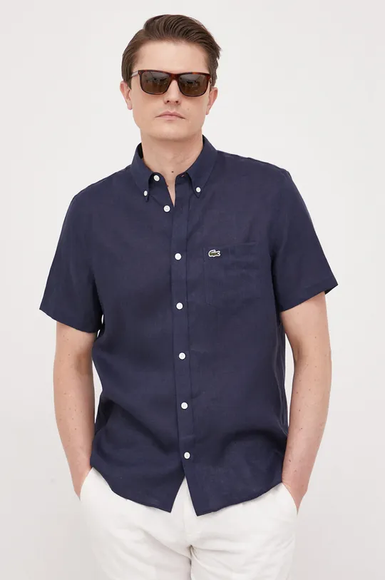 blu navy Lacoste camicia di lino Uomo