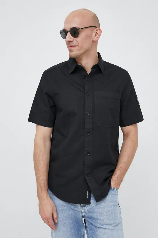 čierna Košeľa s prímesou ľanu Calvin Klein Jeans Pánsky