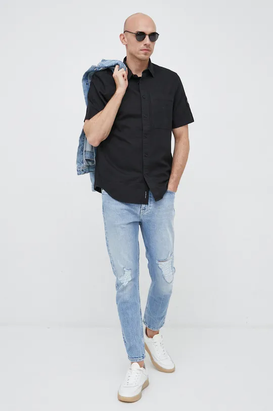 Košeľa s prímesou ľanu Calvin Klein Jeans čierna