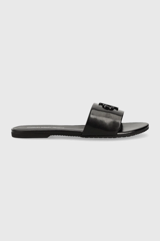 Δερμάτινες παντόφλες Calvin Klein Jeans FLAT SANDAL STRAP HW μαύρο