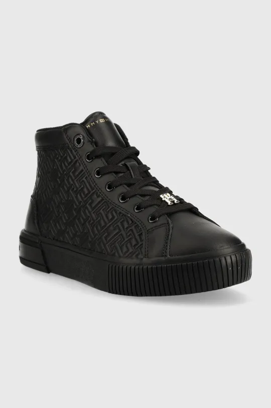 Δερμάτινα αθλητικά παπούτσια Tommy Hilfiger Th Monogram Leather Sneaker High μαύρο