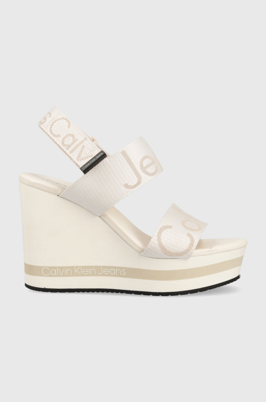 Calvin Klein Jeans sandały WEDGE SANDAL WEBBING damskie kolor beżowy na