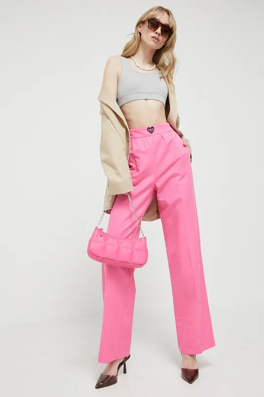 Love Moschino nadrág vászonkeverékből rózsaszín