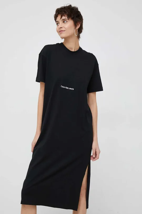 črna Bombažna obleka Calvin Klein Jeans Ženski