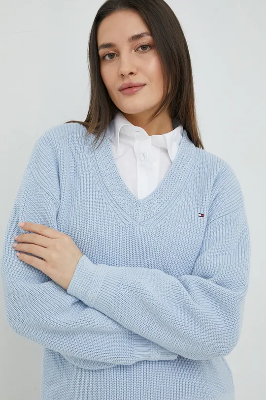 plava Pamučni pulover Tommy Hilfiger Ženski
