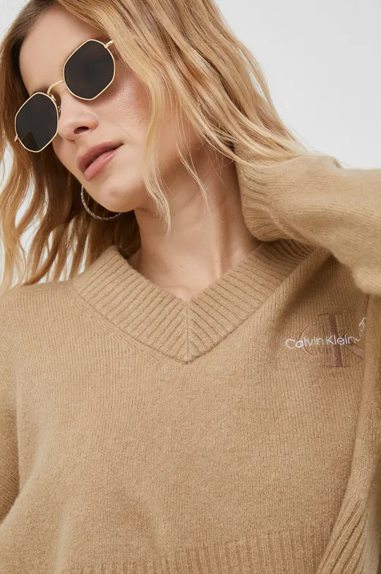 bézs Calvin Klein Jeans gyapjúkeverék pulóver
