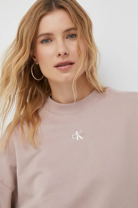roza Bombažen pulover Calvin Klein Jeans Ženski