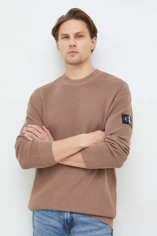 rjava Bombažen pulover Calvin Klein Jeans Moški