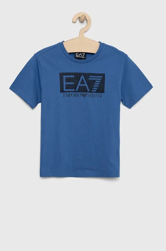 niebieski EA7 Emporio Armani t-shirt bawełniany dziecięcy Chłopięcy