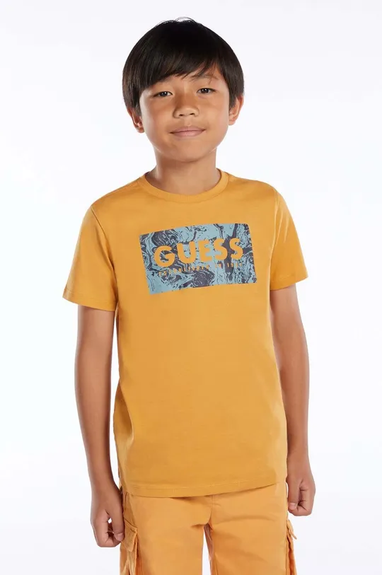 жёлтый Детская хлопковая футболка Guess Для мальчиков