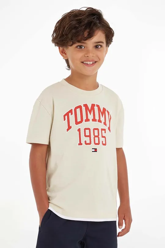 béžová Detské bavlnené tričko Tommy Hilfiger Chlapčenský