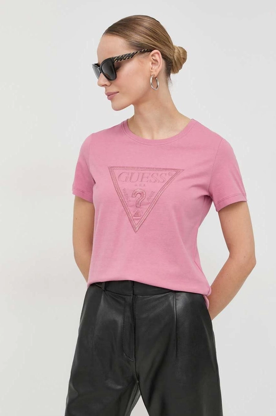 różowy Guess t-shirt bawełniany Damski