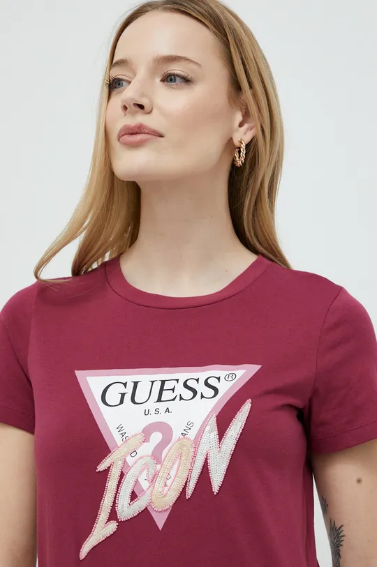 μπορντό Βαμβακερό μπλουζάκι Guess Γυναικεία
