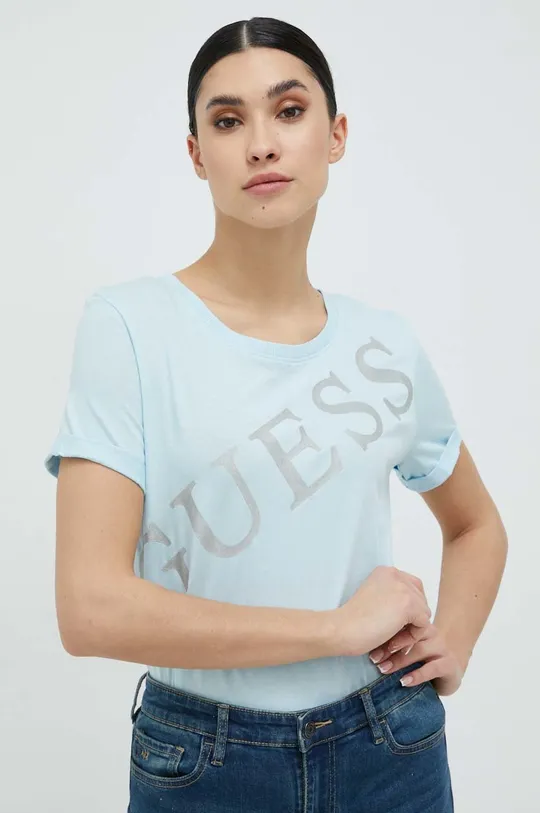modrá Bavlnené tričko Guess Dámsky