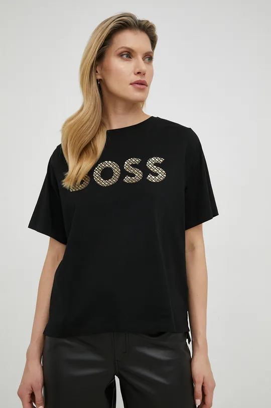 μαύρο Βαμβακερό μπλουζάκι BOSS Γυναικεία