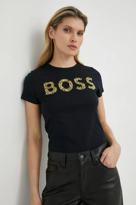 črna Bombažna kratka majica BOSS Ženski