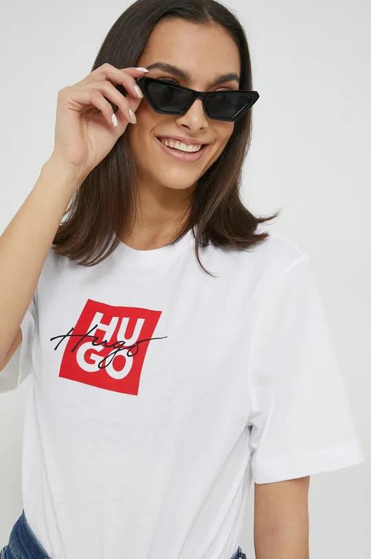 λευκό Βαμβακερό μπλουζάκι HUGO Γυναικεία