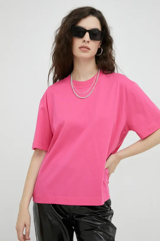ροζ Βαμβακερό μπλουζάκι Samsoe Samsoe Γυναικεία
