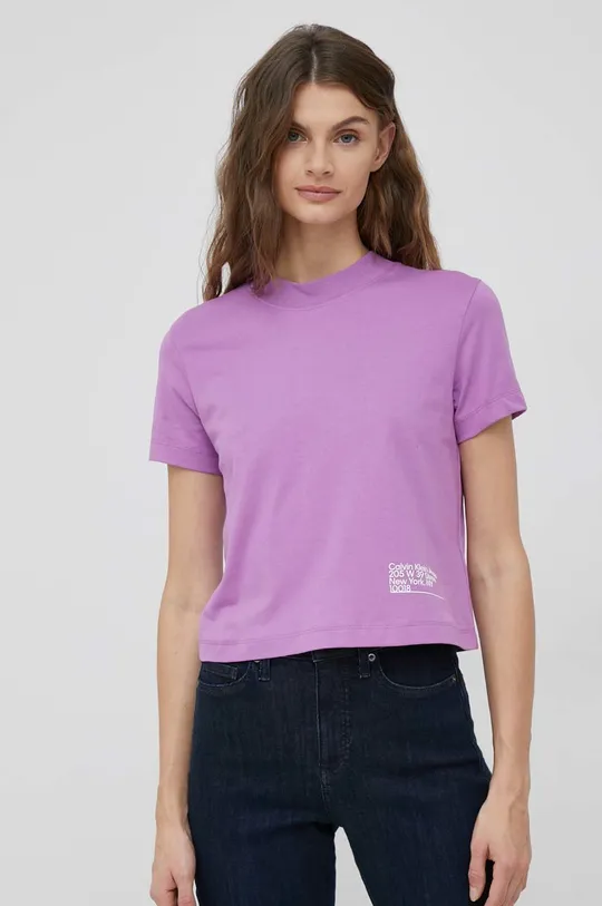 μωβ Βαμβακερό μπλουζάκι Calvin Klein Jeans Γυναικεία