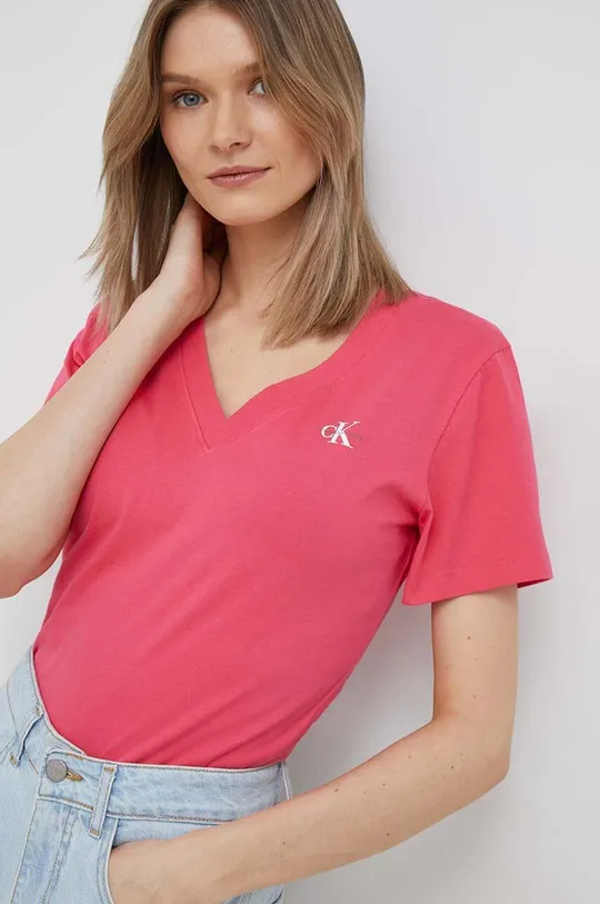 roza Bombažna kratka majica Calvin Klein Jeans Ženski