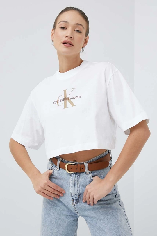 biały Calvin Klein Jeans t-shirt bawełniany Damski