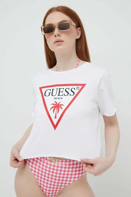 biela Bavlnené tričko Guess Dámsky