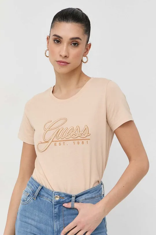 beżowy Guess t-shirt bawełniany Damski