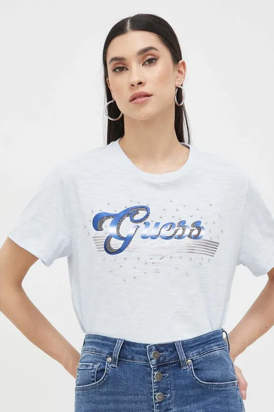 modra Bombažna kratka majica Guess Ženski