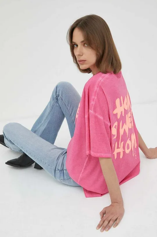 ροζ Βαμβακερό μπλουζάκι Guess x Banksy Γυναικεία