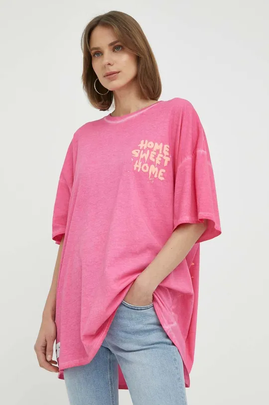 Βαμβακερό μπλουζάκι Guess x Banksy ροζ