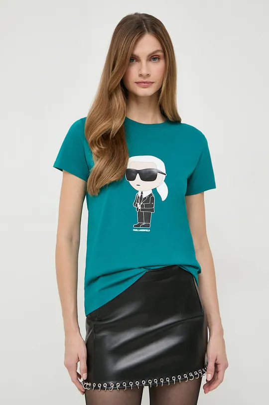 turkizna Bombažna kratka majica Karl Lagerfeld Ženski