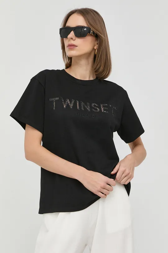 μαύρο Βαμβακερό μπλουζάκι Twinset Γυναικεία