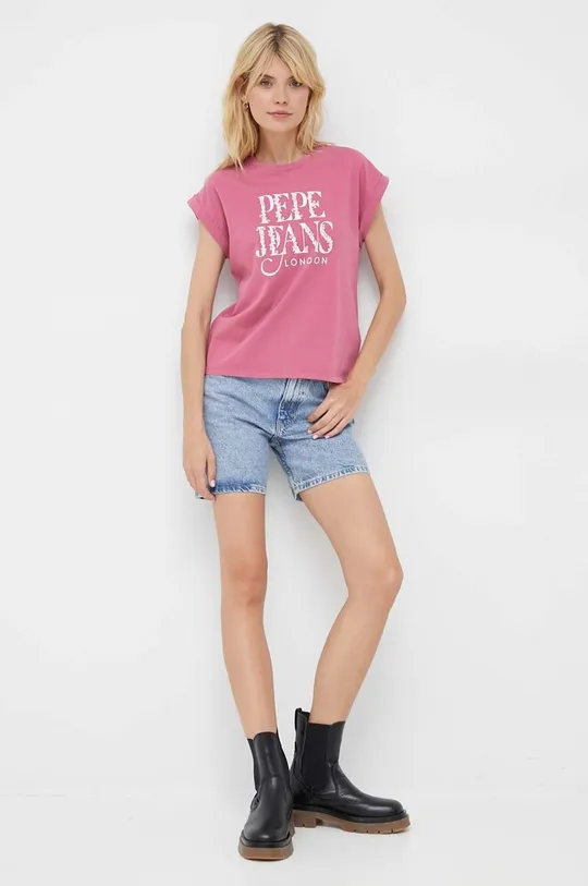 ροζ Βαμβακερό μπλουζάκι Pepe Jeans Linda Γυναικεία