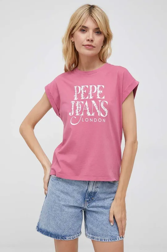 Βαμβακερό μπλουζάκι Pepe Jeans Linda ροζ