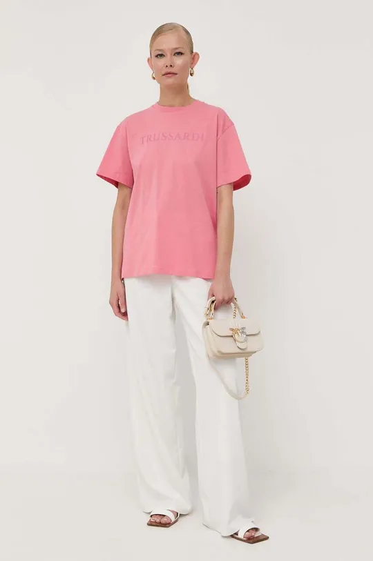 Βαμβακερό μπλουζάκι Trussardi ροζ