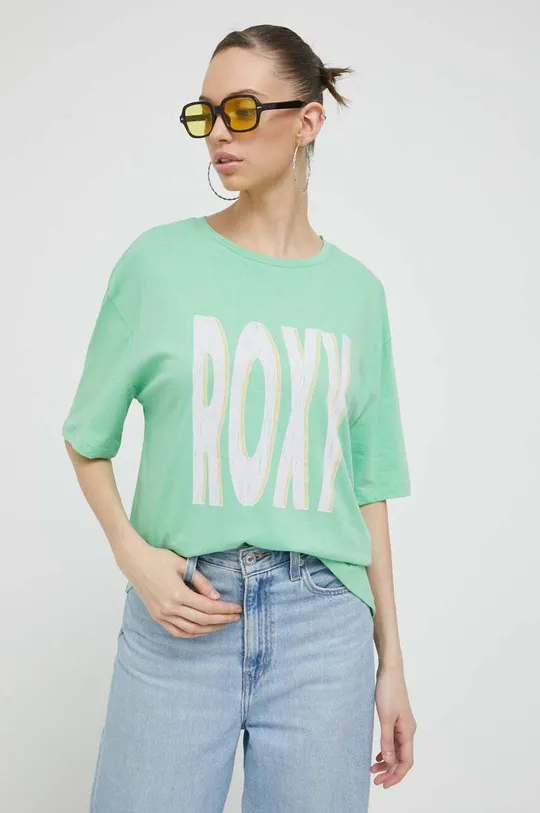 Βαμβακερό μπλουζάκι Roxy πράσινο