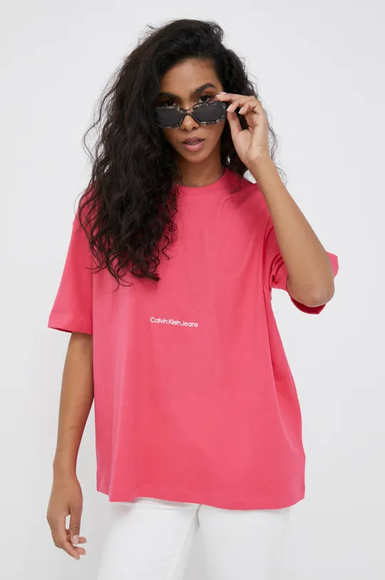 ροζ Βαμβακερό μπλουζάκι Calvin Klein Jeans Γυναικεία