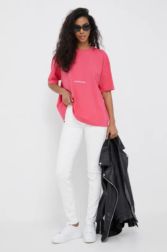 Bavlněné tričko Calvin Klein Jeans ostrá růžová