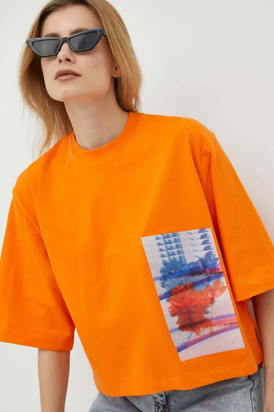 oranžna Bombažna kratka majica Calvin Klein Jeans Ženski