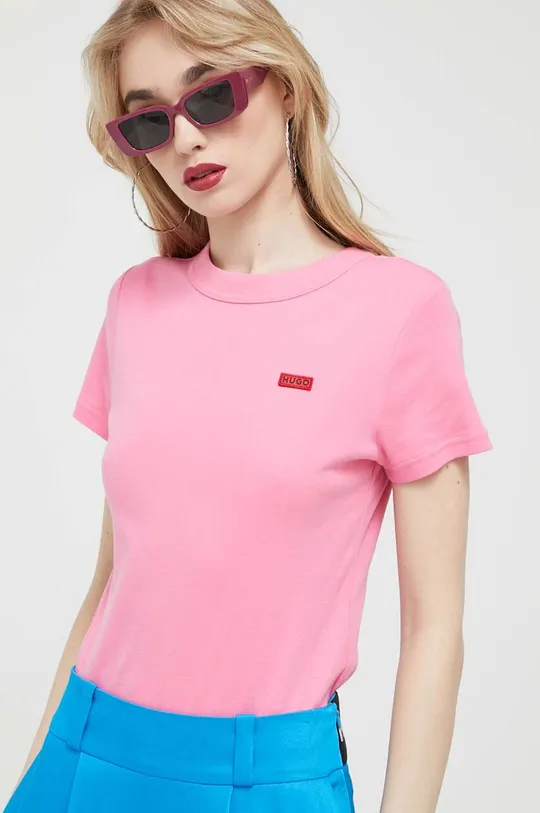 roza Bombažna kratka majica HUGO Ženski