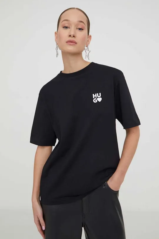 μαύρο Βαμβακερό μπλουζάκι HUGO