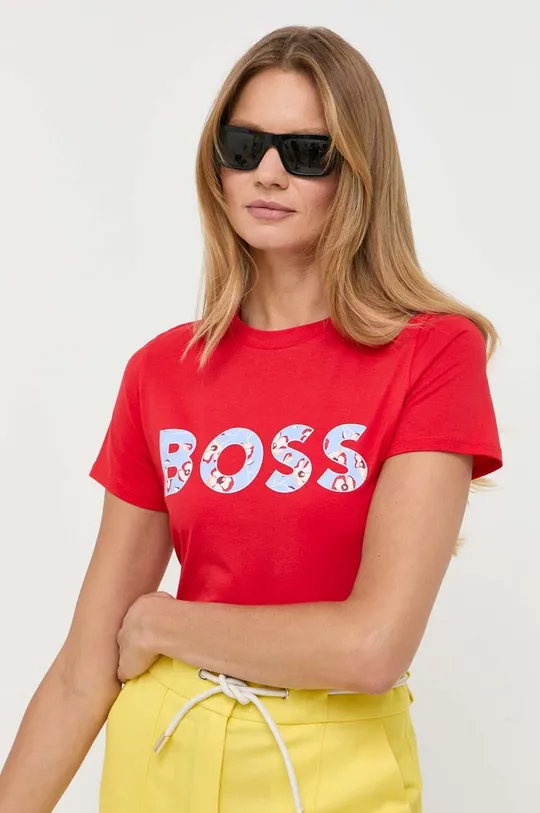 rdeča Bombažna kratka majica BOSS Ženski